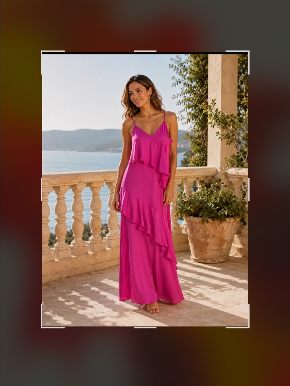 Ramy Brook Hot Pink Ruffled Midi Dress